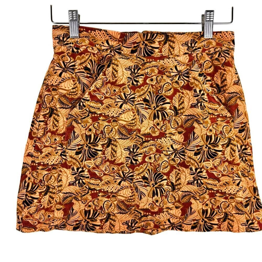 Zara Pattern Mini Skirt Brown Mustard Mauve Floral Zip-up‎ Boho Corduroy Vintage